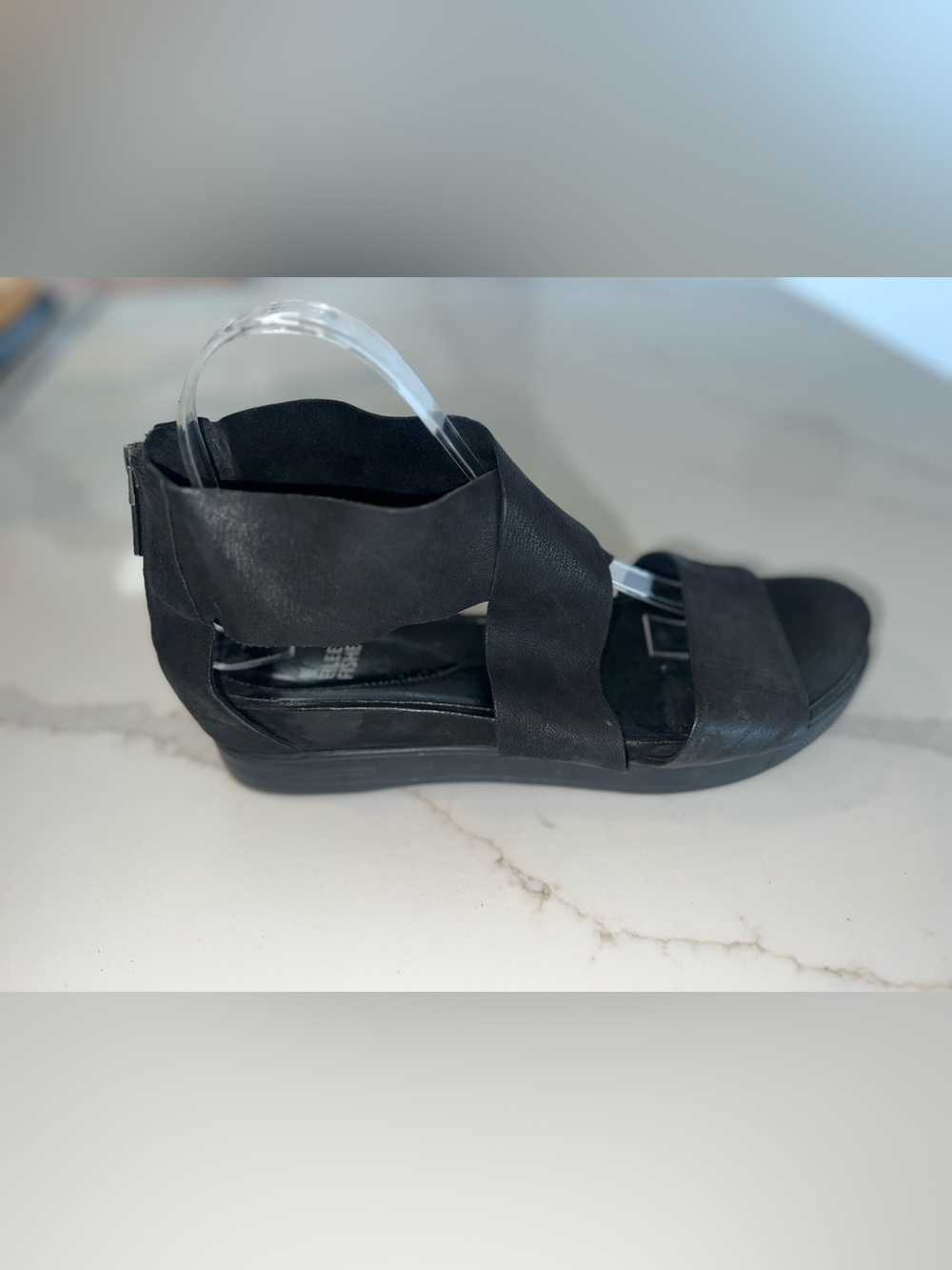 EILEEN FISHER sport tumbled platform, sandal in black leather, black sole, 9.5